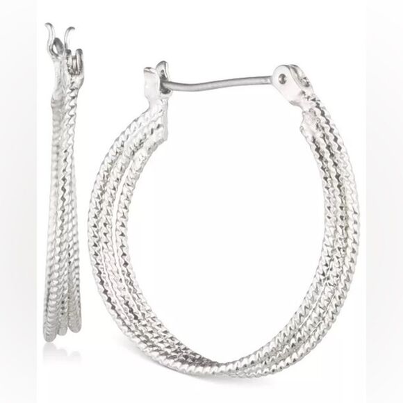 Nine West Multi-Row 1" Textured Hoop Earrings Silver Tone New - Picture 1 of 4